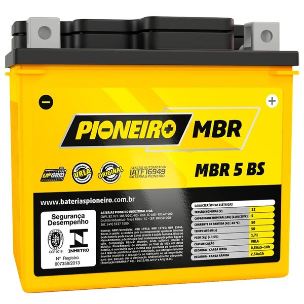 Bateria Moto AGM/VRLA MBR 5 BS 12V 5AH Pioneiro (MP)