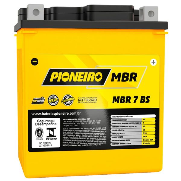 Bateria Moto AGM/VRLA Pioneiro MBR 7 BS 12V 7AH (MP)