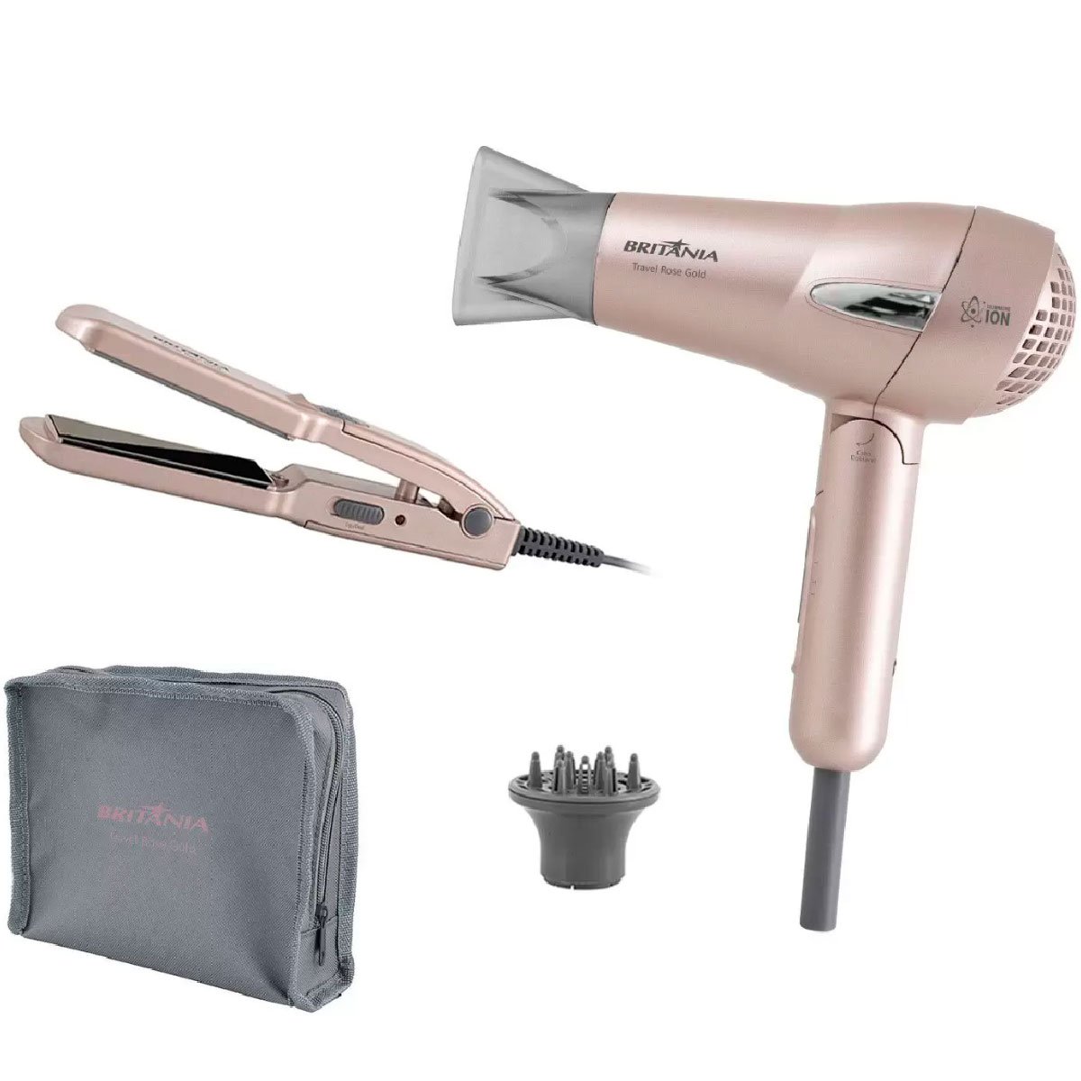 Kit Secador E Prancha Britânia Travel Bivolt 1200W Rose Gold