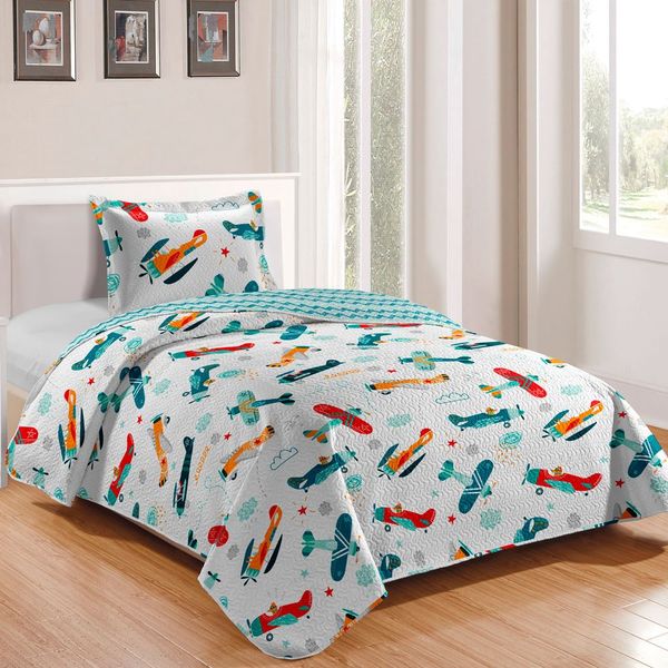 Kit Colcha Solteiro Rozac 2 Peças Teen Patchwork Aviões (MP)