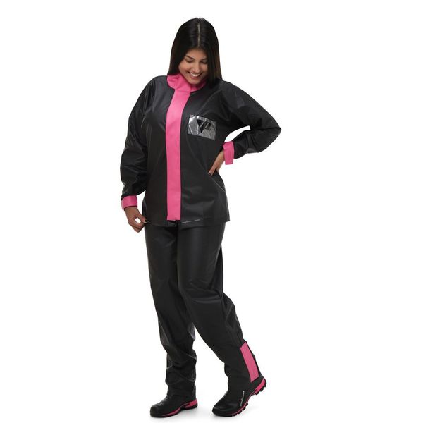 Capa De Chuva Feminino Pantaneiro PVC Com Gola Preto E Rosa Pink M (MP)