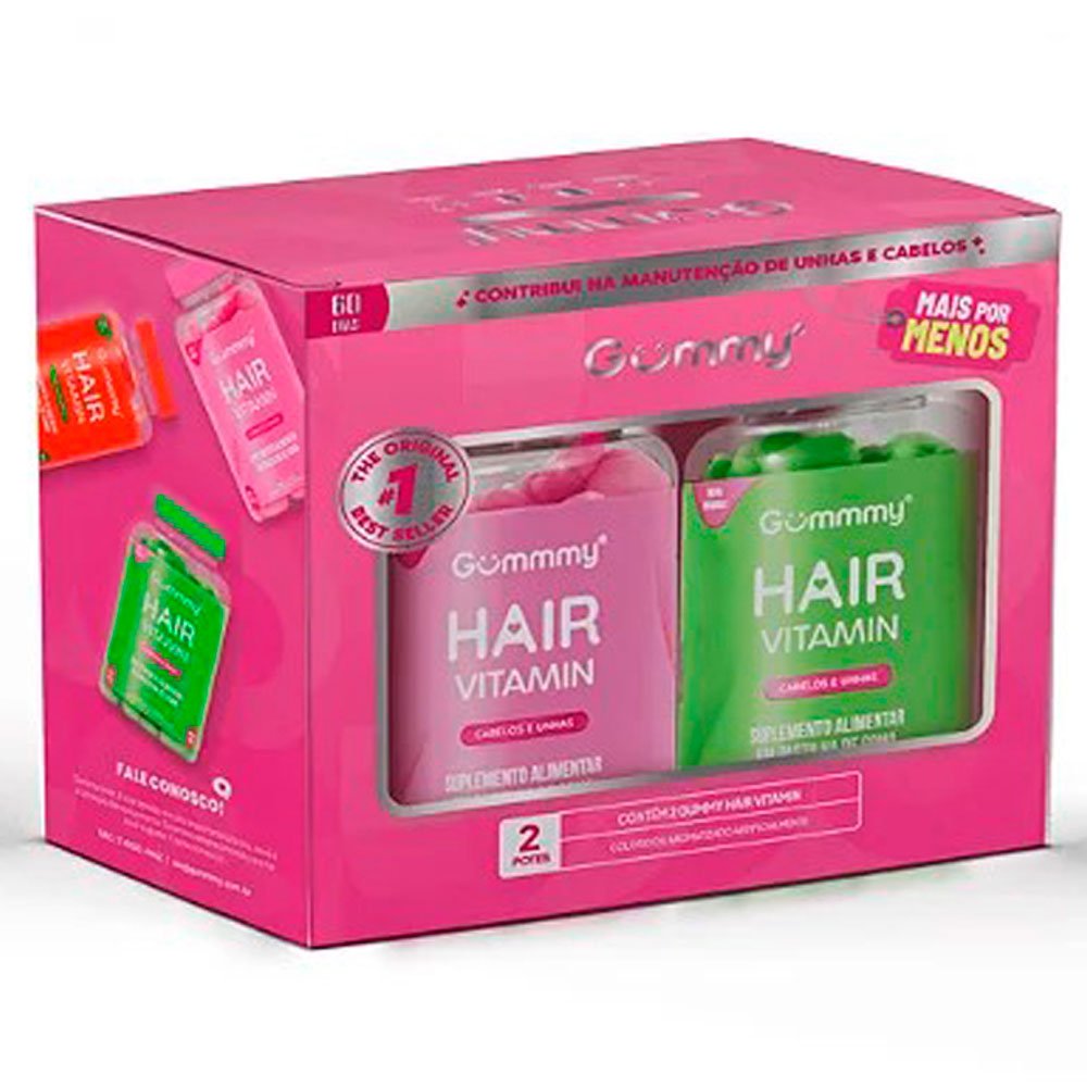 Kit Suplemento Alimentar Gummy Hair Cabelos e Unhas Maça Verde + Tutti Frutti 60 Gomas 180g