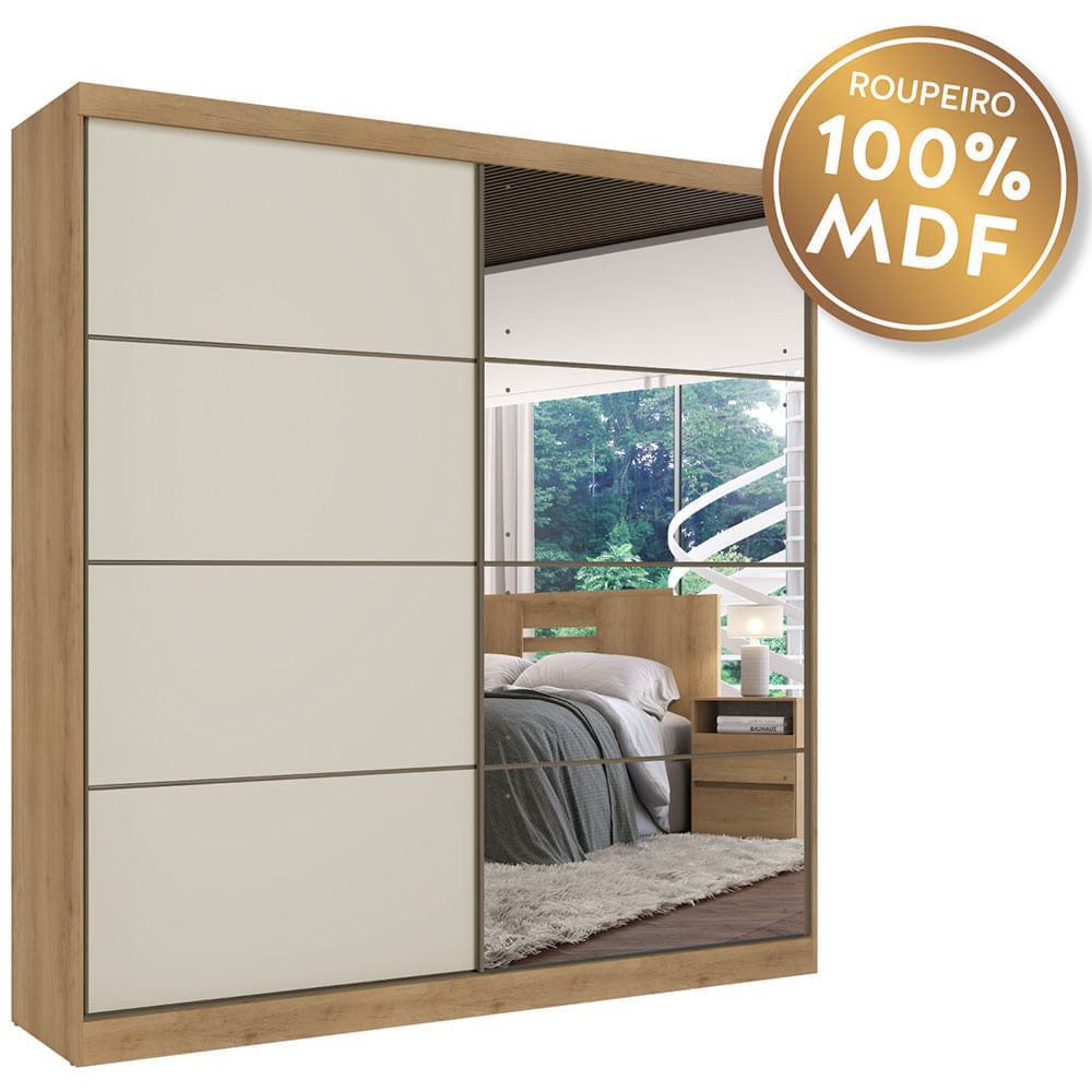 Roupeiro 2 Portas Com 6 Gavetas THB Málaga Full Glass Capuccino com OFF White 5876