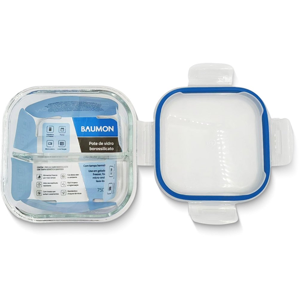 Pote Hermético de Vidro Quadrado Marmita 750ml Baumon 2 Divisórias Tampa Plástica S150-2