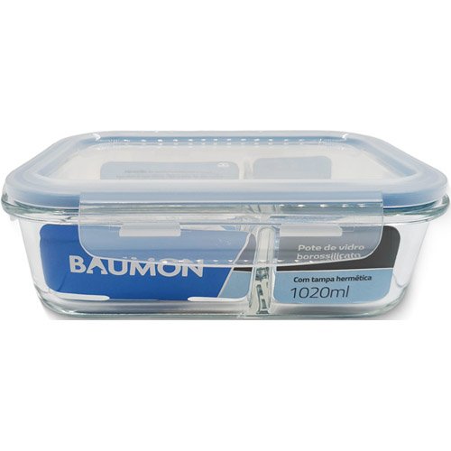 Pote Hermético de Vidro Retangular Marmita 1020ml Baumon 3 Divisórias Tampa Plástica