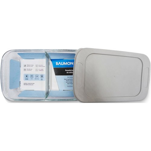 Assadeira de Vidro Retangular Baumon 1600ml 2 Divisórias Tampa Plástica GB1600