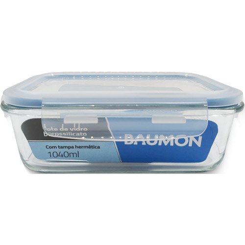 Pote Hermético de Vidro Retangular Marmita 1040ml Baumon Tampa Plástica R195