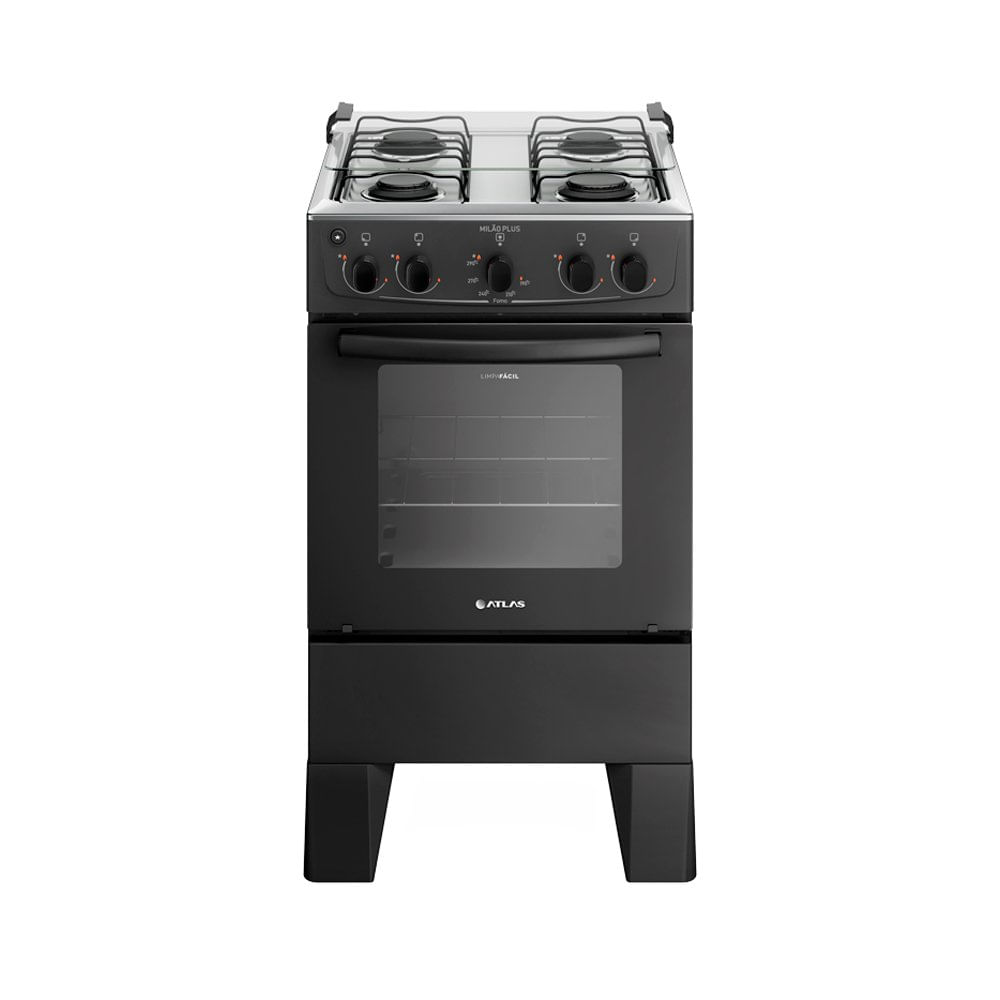 Fogão 4 Bocas Atlas Milão Plus com Mesa de Inox Bivolt Preto 300001771