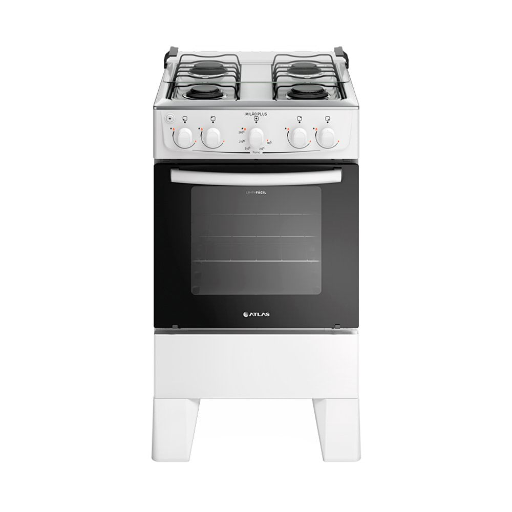 Fogão 4 Bocas Atlas Milão Plus com Mesa de Inox Bivolt Branco 300000713