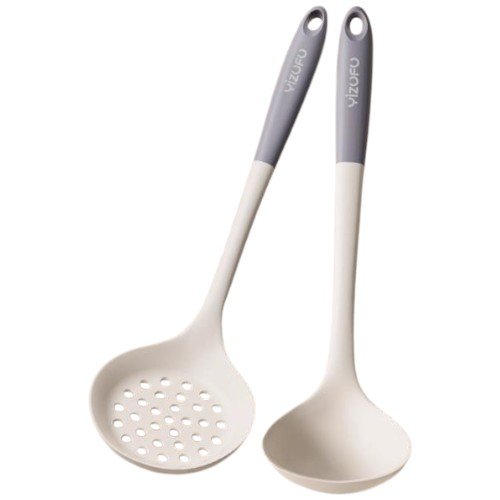 Kit com Colher de Sopa e Escumadeira de Silicone Tao com Gancho Branco T-BI