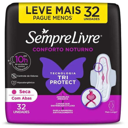 Absorvente Noturno Sempre Livre Seco com Abas Leve 32 Pague 24
