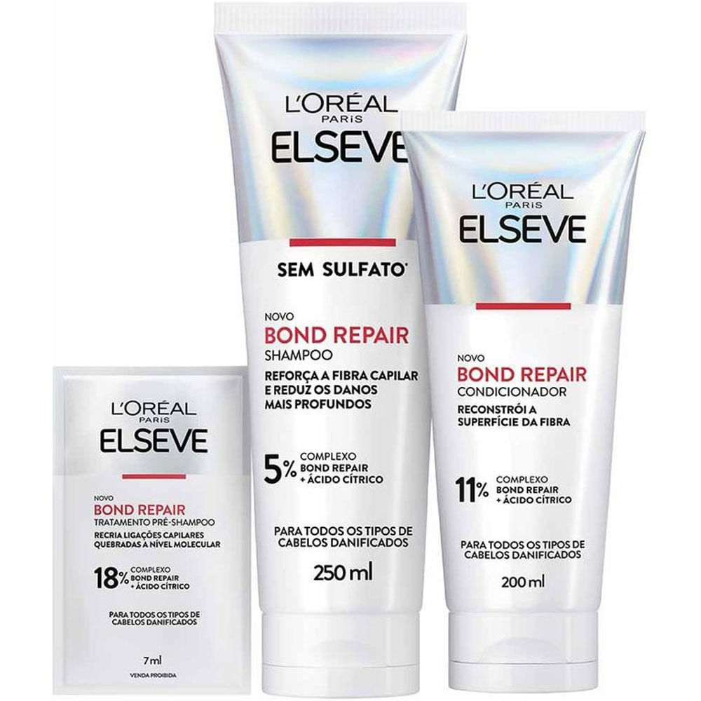 Kit L'Oréal Paris Elseve Bond Repair Shampoo 250ml + Condicionador 200ml + Tratamento Pré-Shampoo Sachê 7ml