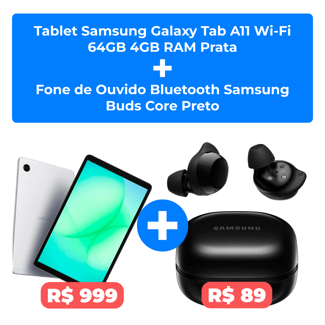 Tablet Samsung Galaxy Tab A11 Wi-Fi 64GB 4GB RAM Prata + Fone de Ouvido Bluetooth Samsung Buds Core Preto