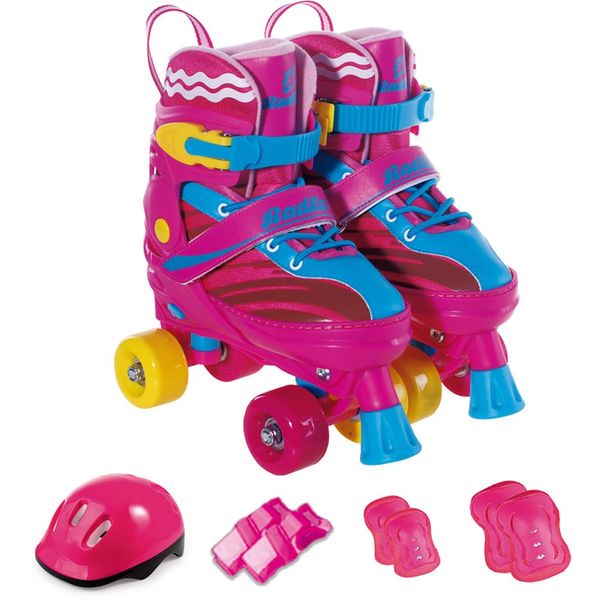 Patins Fênix 4 Rodas Com Kit de Segurança Rosa e Amarelo PF-05 28-31
