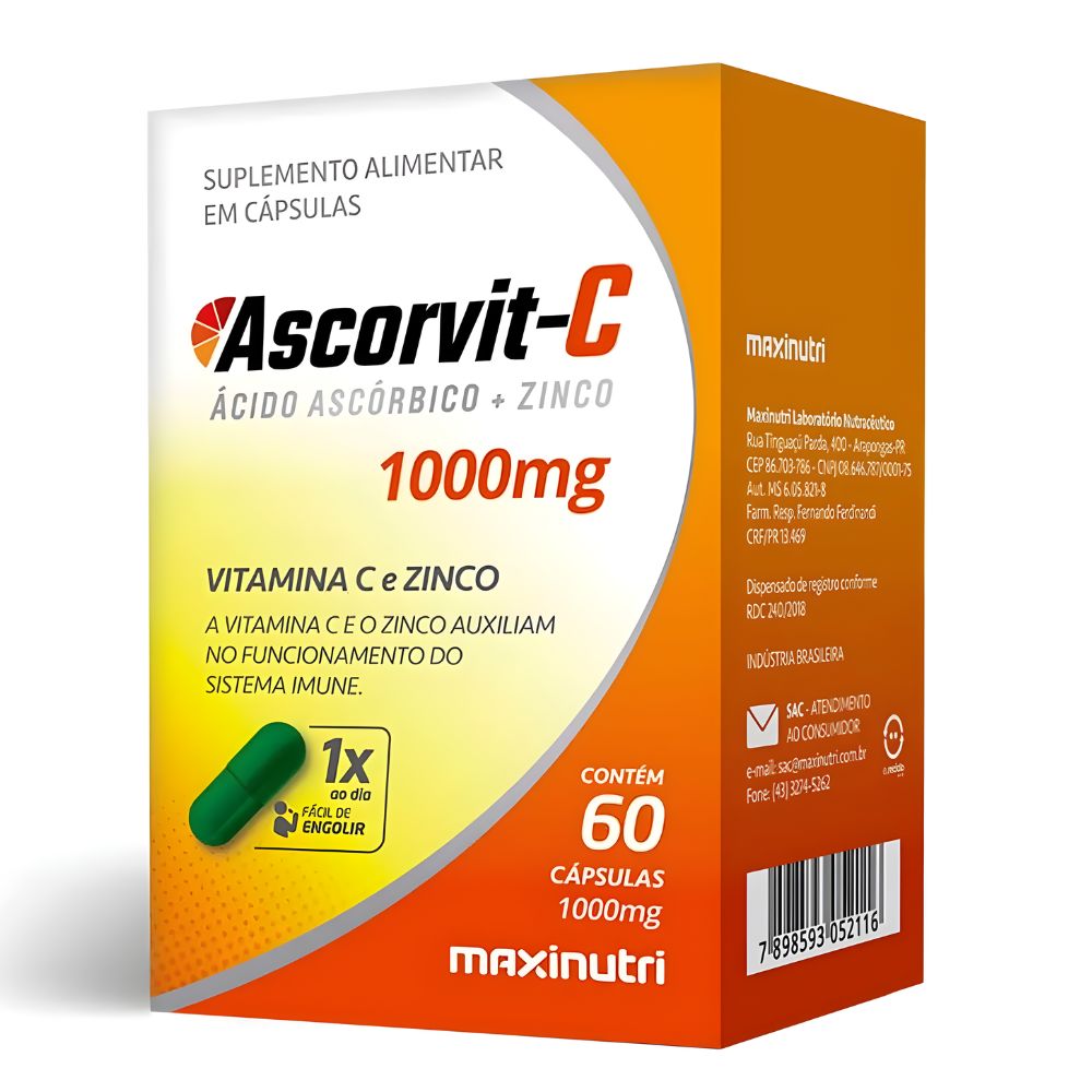Ascorvit-C Vitamina C e Zinco 1000mg 60 cápsulas Maxinutri