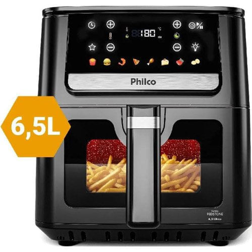 Fritadeira Air Fryer Philco 6,5 Litros Visor Glass e Redstone Preto com Acabamento Inox PAF65A