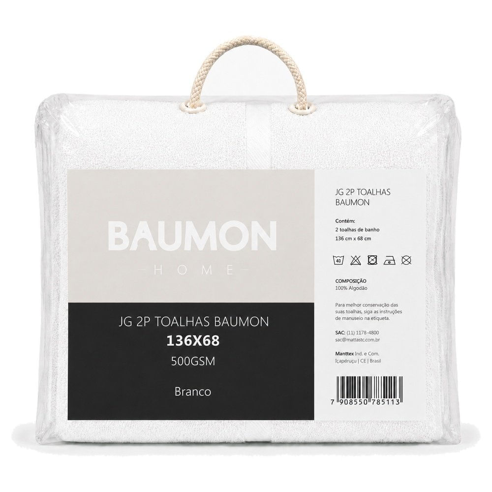 Toalhas 2 Peças Baumon 100% Algodão Felpudo 136x68 500GSM Branco