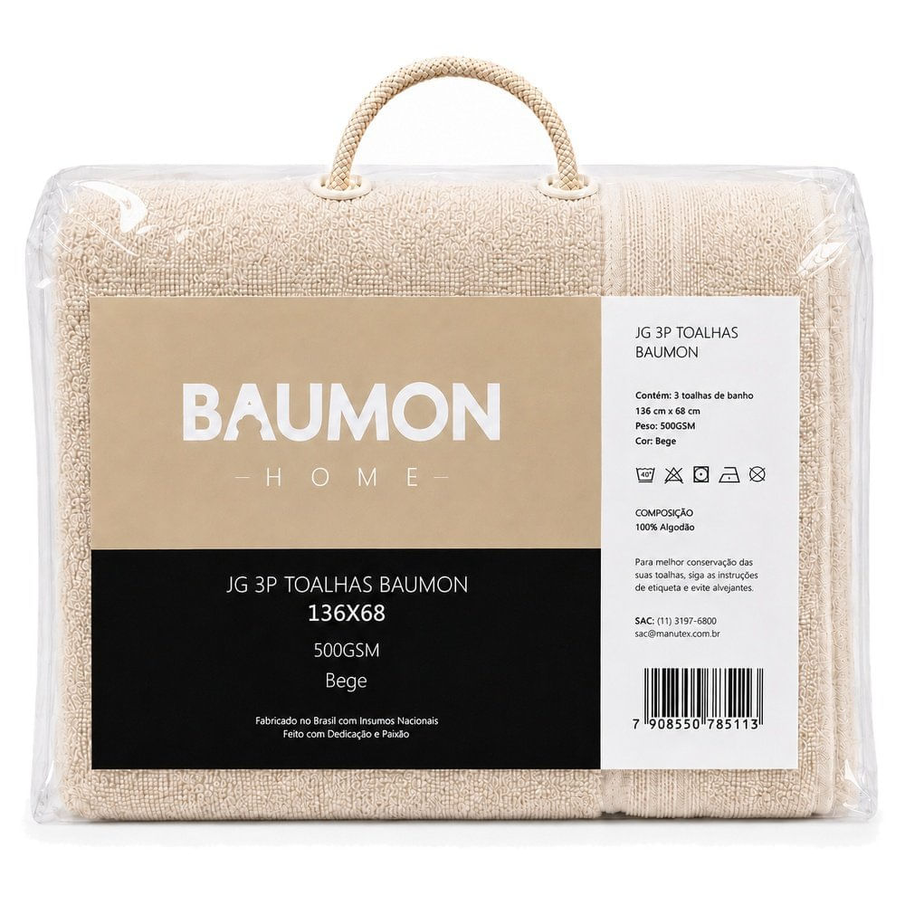 Toalhas 3 Peças Baumon 100% Algodão Felpudo 136x68 500GSM Bége
