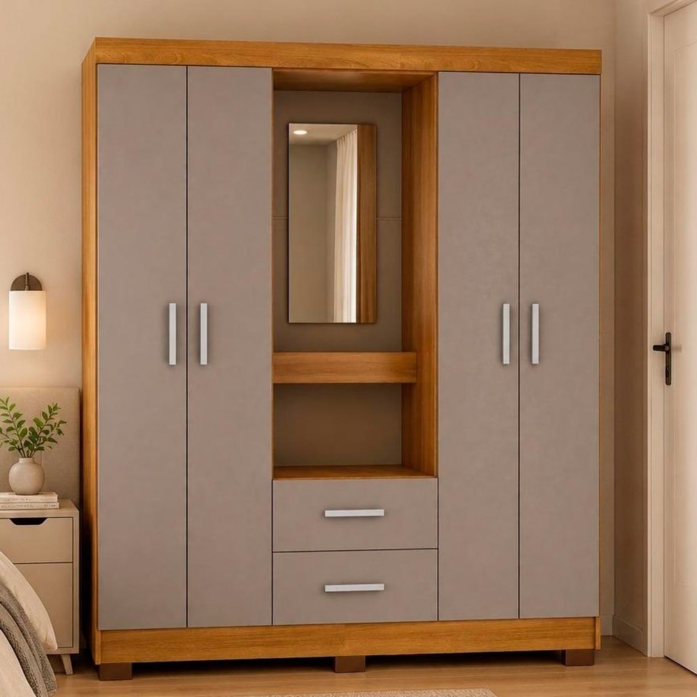 Guarda-Roupa 4 Portas 2 Gavetas Delicatto Capela Penteadeira Com Espelho Carvalho E Fumê (MP)